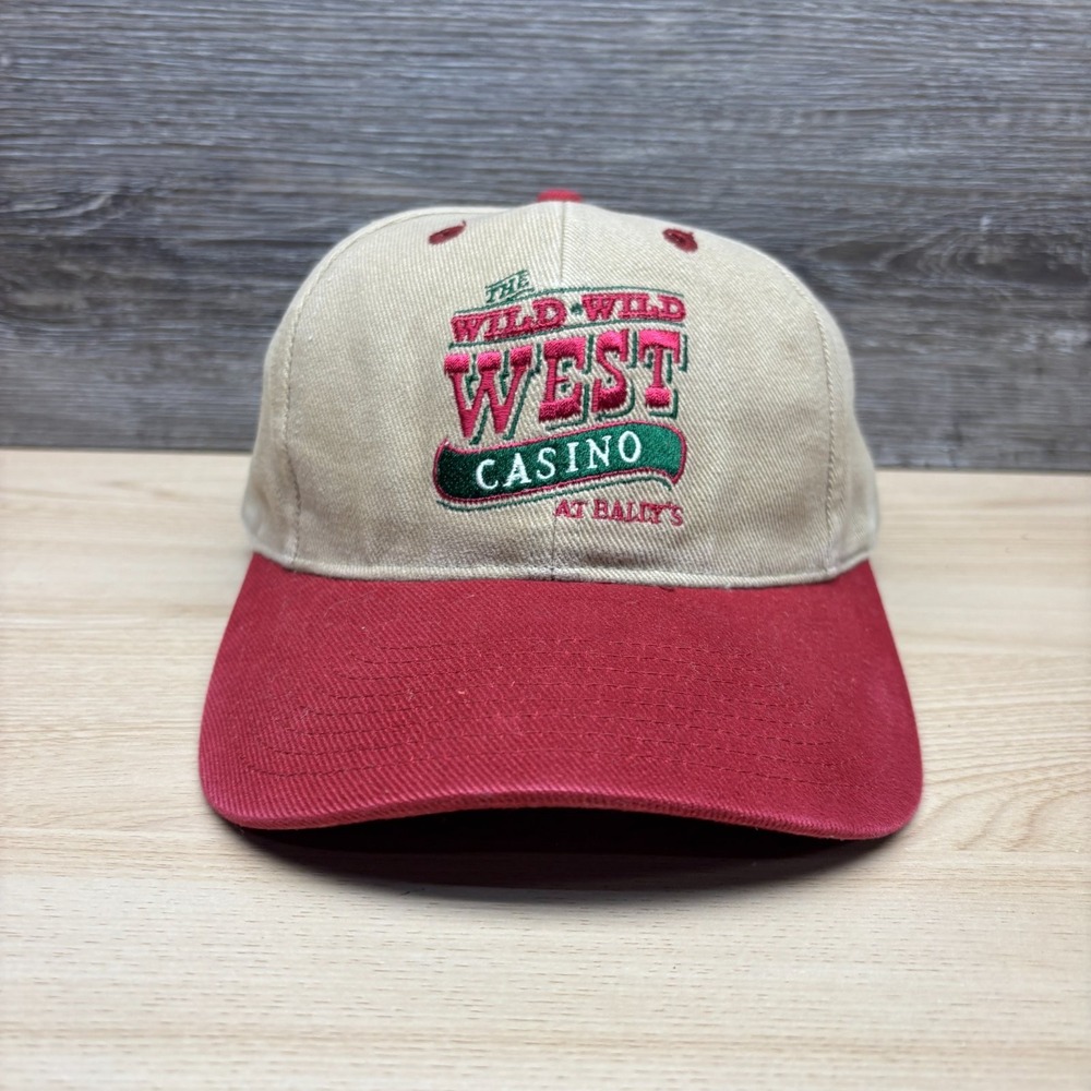 VINTAGE Wild Wild West Casino Ballys Hat Cap Strap Back Beige Red Logo Mens 90s